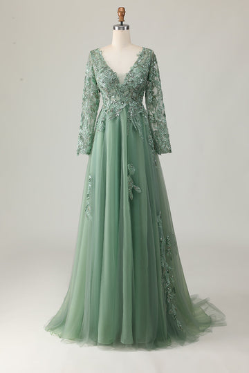 Sage A-Line Long Sleeves Prom Dress with Appliques